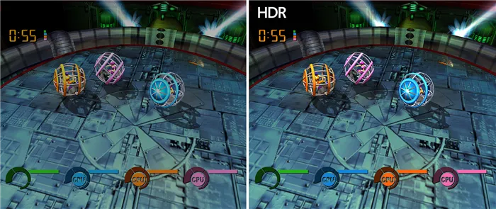 Снимки экрана с игрой Fusion Frenzy для сравнения, на одном из них изображение ярче благодаря работе функции Auto HDR