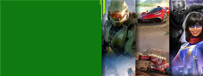 Фронтальный вид различных персонажей игр Xbox из Halo Infinite, Forza Horizon 5 и Marvel
