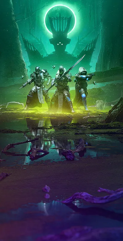 Destiny 2: три персонажа в доспехах идут по болоту, отражающему разные цвета, королева ведьм выделяется на общем фоне.