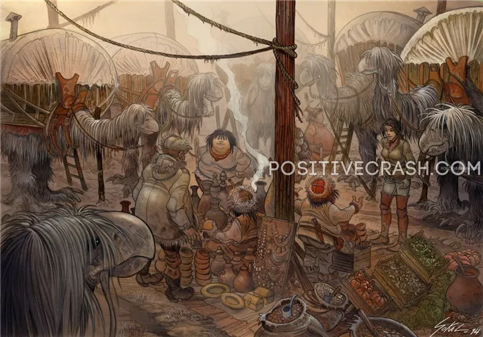 Зарисовка игры Syberia3. Кейт в окружении зверей юколов на каком-то базаре. Источник: http://queste.ru/macos-zarisovki-dlya-syberia-3