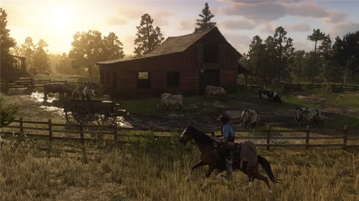 Герой игры red dead redemption 2 скачет на лошади мимо фермы