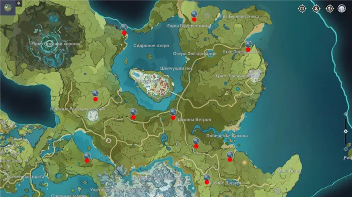 Карта всех 10 усыпальниц глубин Мондштадта genshin impact